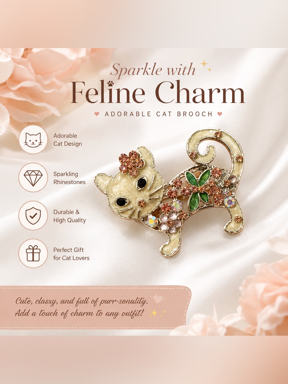 Vintage Rhinestone Cat Brooch Pin – Floral Enamel Kitty Cat Jewelry
